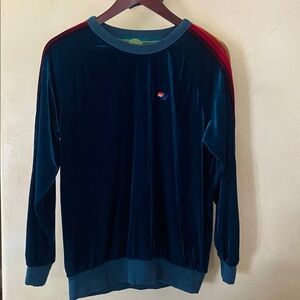 Sz L Aviator Nation Teal Velvet Crewneck with Red and Gold Stripes